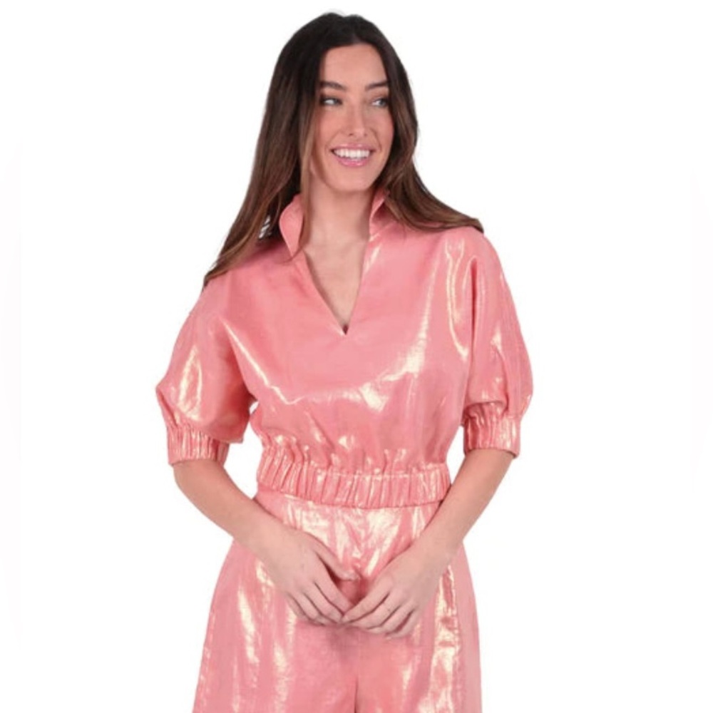 EMILY MCCARTHY NWOT Poppy Crop Top in Pink Conch Metallic Linen Size XL